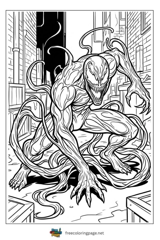 Carnage crouching predator pose coloring page on all fours with coiled tendrils and jagged grin, free printable
