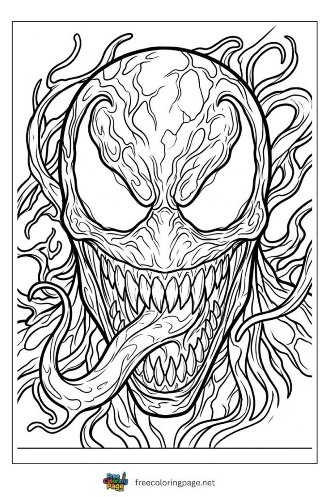 Carnage close up face coloring page with jagged teeth long tongue and hollow white eyes, free printable