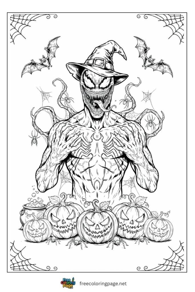 Halloween Carnage coloring page with Carnage jack-o-lanterns witch hat and Halloween spider decorations, free printable