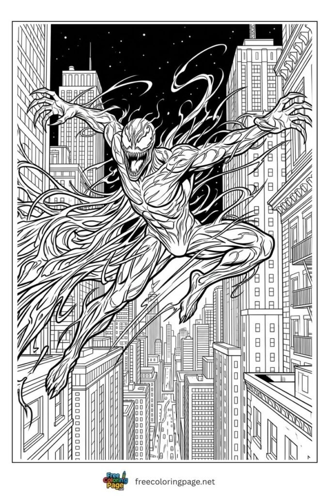 Carnage leaping between buildings coloring page with tendrils trailing and screaming expression, free printable