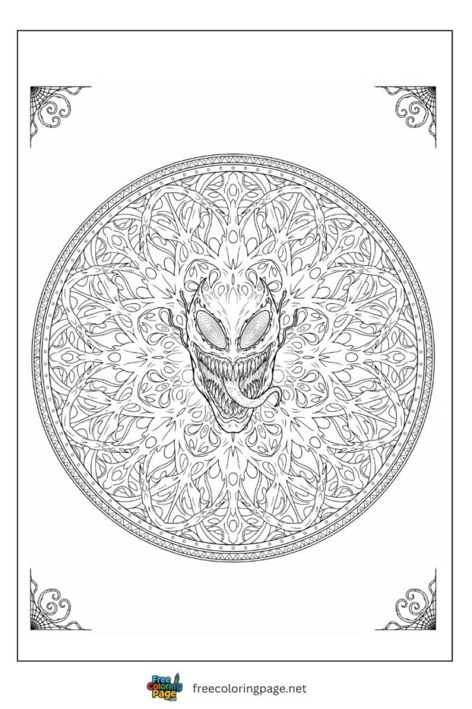 Carnage mandala coloring page with teeth center hollow eyes inner ring and symbiote tendrils radiating symmetrically, free printable for adults