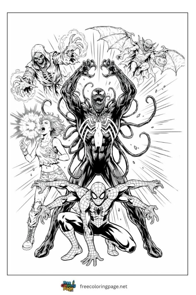 Carnage Maximum Carnage villain team coloring page with Shriek Doppelganger Demogoblin and Carrion assembled, free printable