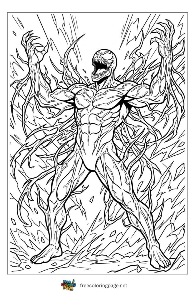 Carnage screaming power pose coloring page with arms raised tendrils exploding outward, free printable