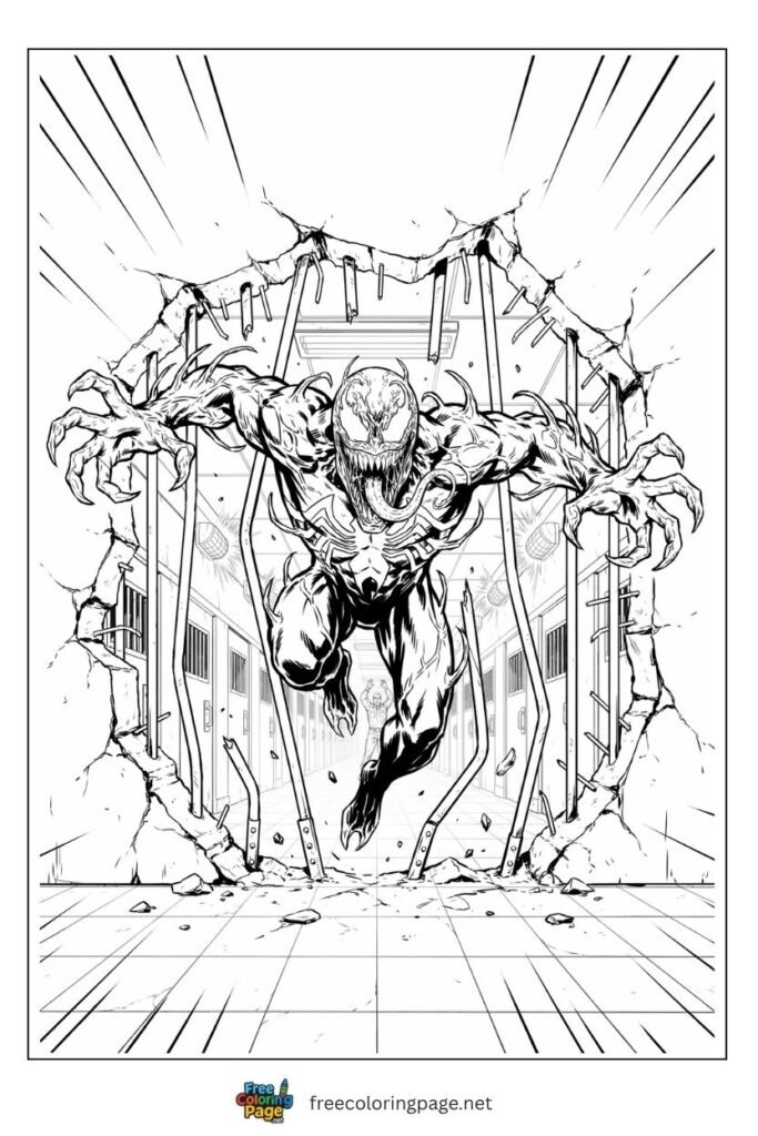 Carnage prison break coloring page bursting through concrete walls and metal bars in triumph