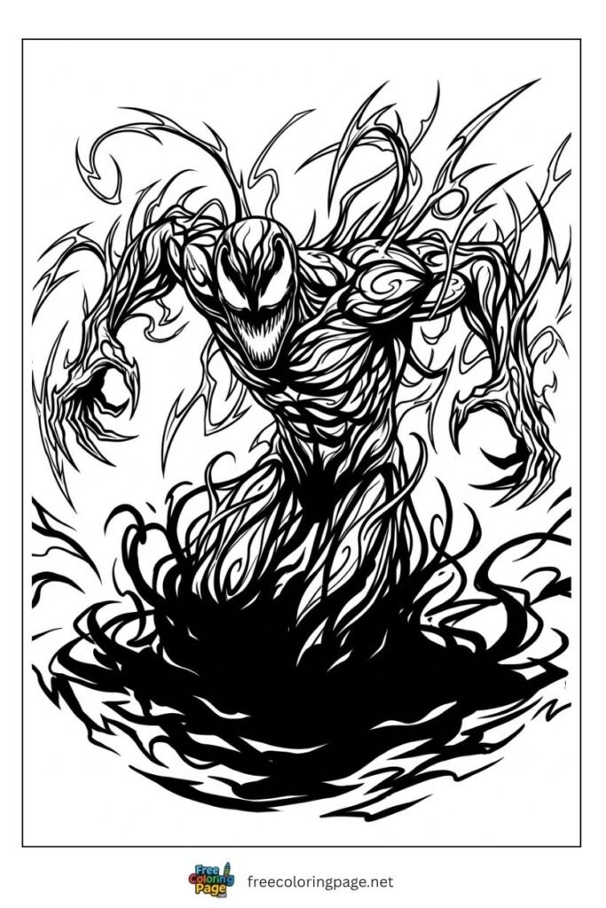 Carnage rising from shadows coloring page with white eyes and teeth emerging from darkness, free printable
