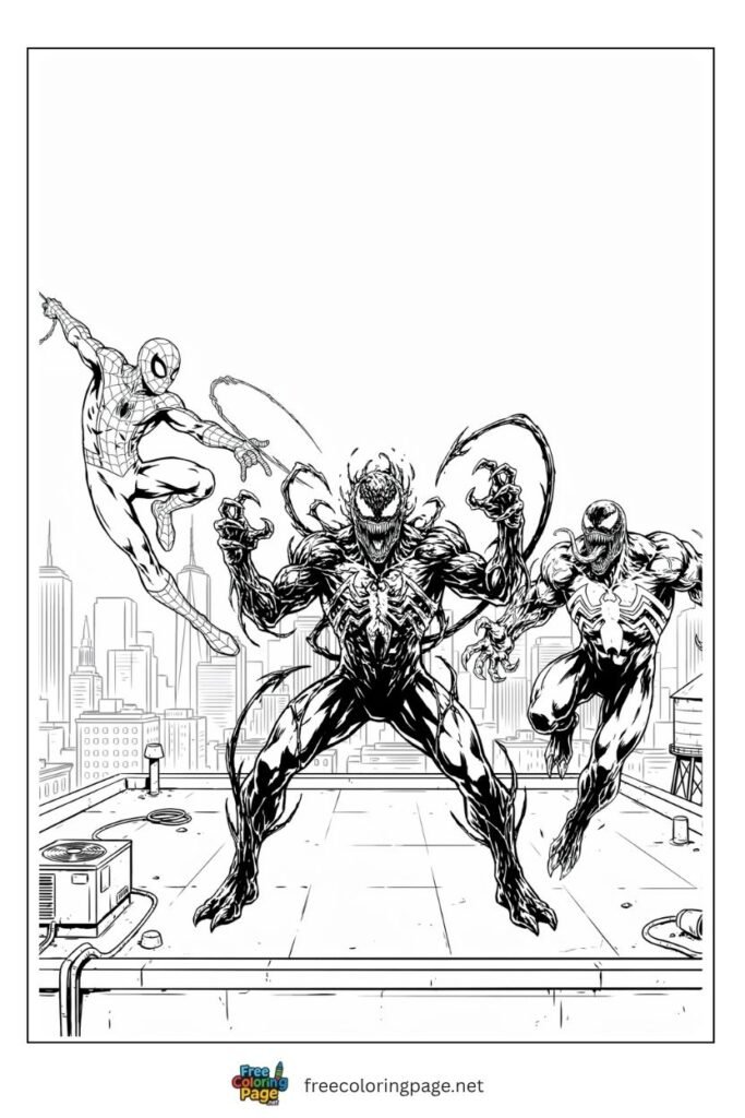 Carnage facing Spider-Man and Venom simultaneously coloring page with tendrils going both directions, free printable