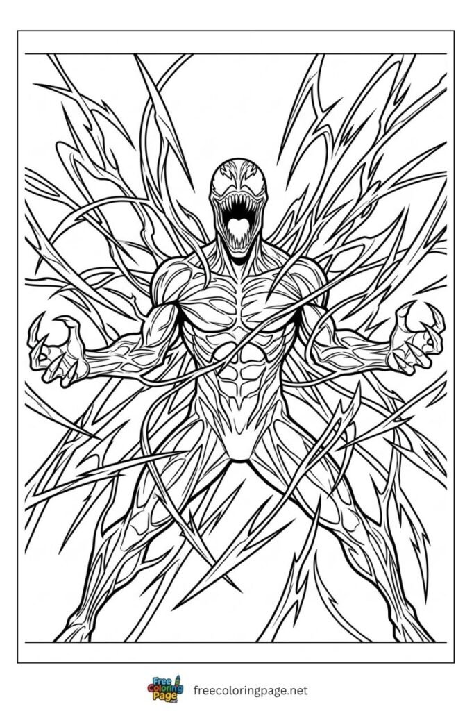 Carnage coloring page with razor sharp symbiote tendrils shooting outward in starburst pattern, free printable