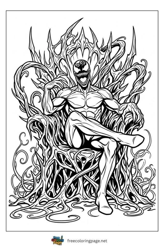 Carnage sitting on symbiote tendril throne coloring page with confident grin and swirling tendrils, free printable
