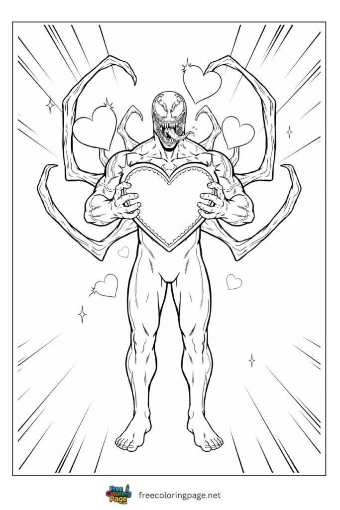 Carnage valentine coloring page with symbiote tendrils holding big heart