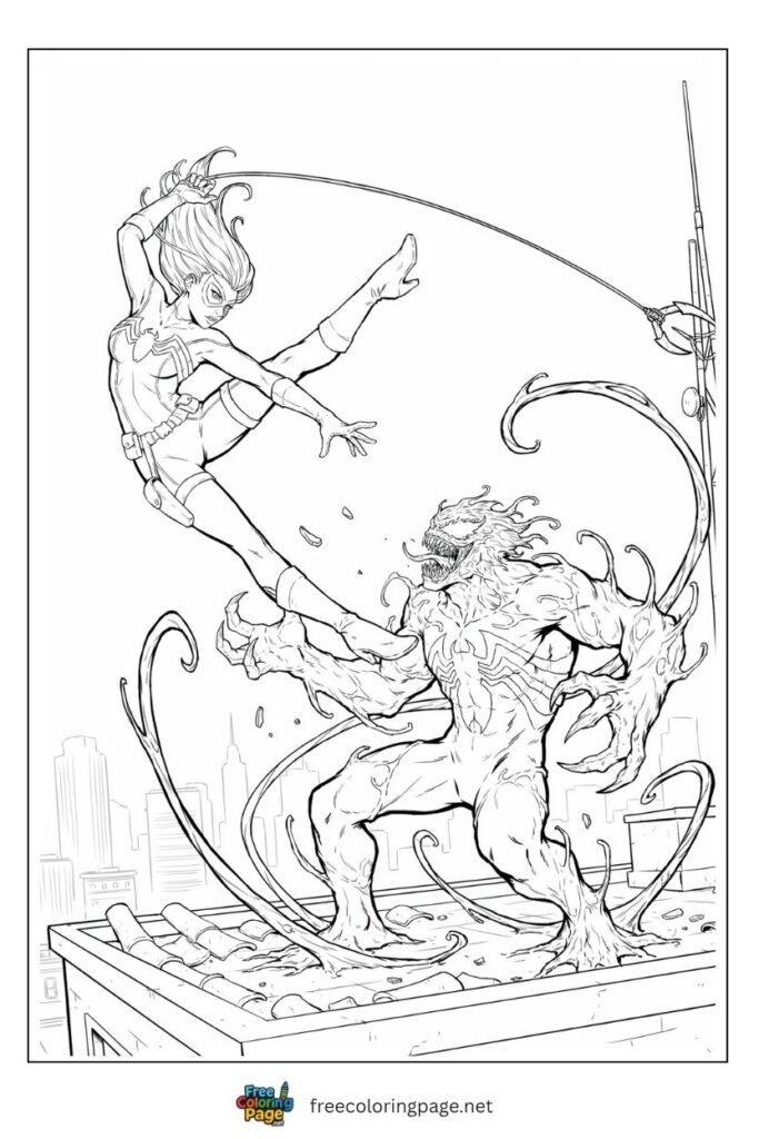 Carnage vs Black Cat coloring page with black cat dodging symbiote tendrils in acrobatic flip, free printable