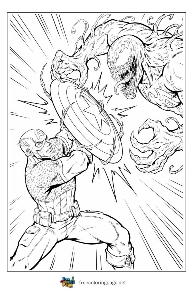 Carnage vs Captain America shield block coloring page with tendrils wrapping around vibranium shield, free printable