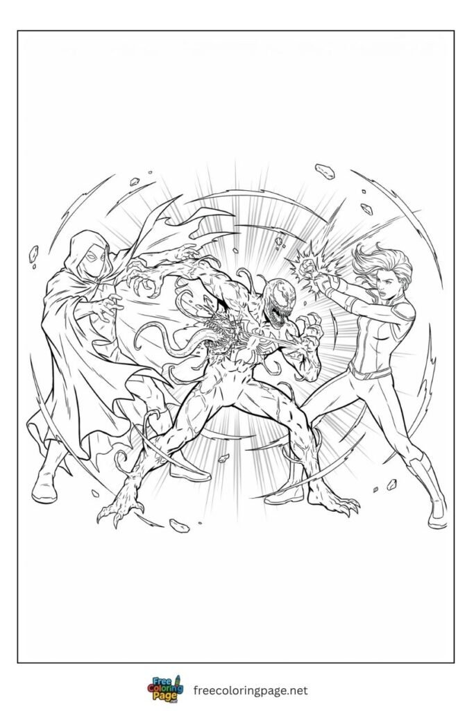 Carnage vs Cloak and Dagger coloring page with void darkness and light daggers attacking symbiote simultaneously, free printable