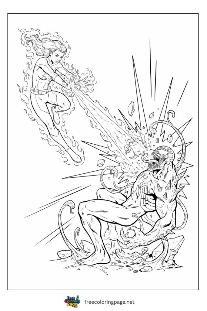 Carnage vs Firestar coloring page with fire beam burning symbiote tendrils and Carnage recoiling in pain, free printable
