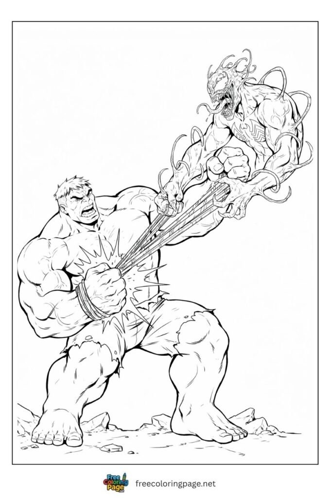 Carnage vs Hulk coloring page with Hulk gripping symbiote tendrils and Carnage generating new ones, free printable