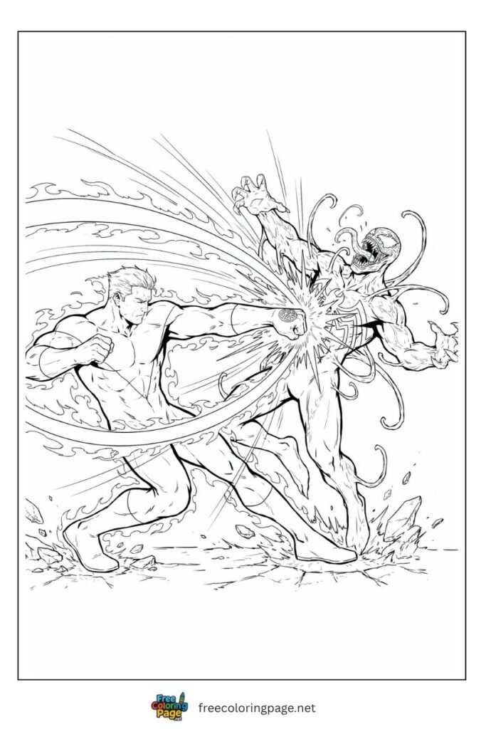 Carnage vs Iron Fist coloring page with glowing chi punch hitting Carnage chest and symbiote tendrils scattered, free printable