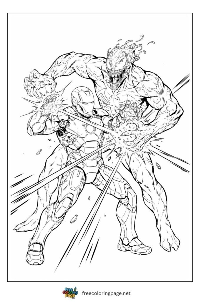 Carnage vs Iron Man coloring page with symbiote tendrils wrapping armor and repulsor blasts firing, free printable