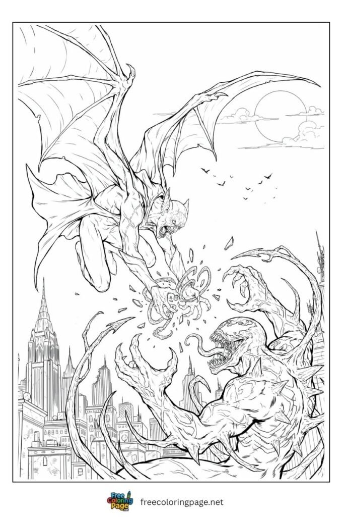 Carnage vs Morbius living vampire coloring page with vampire wings and symbiote tendrils clashing at night, free printable