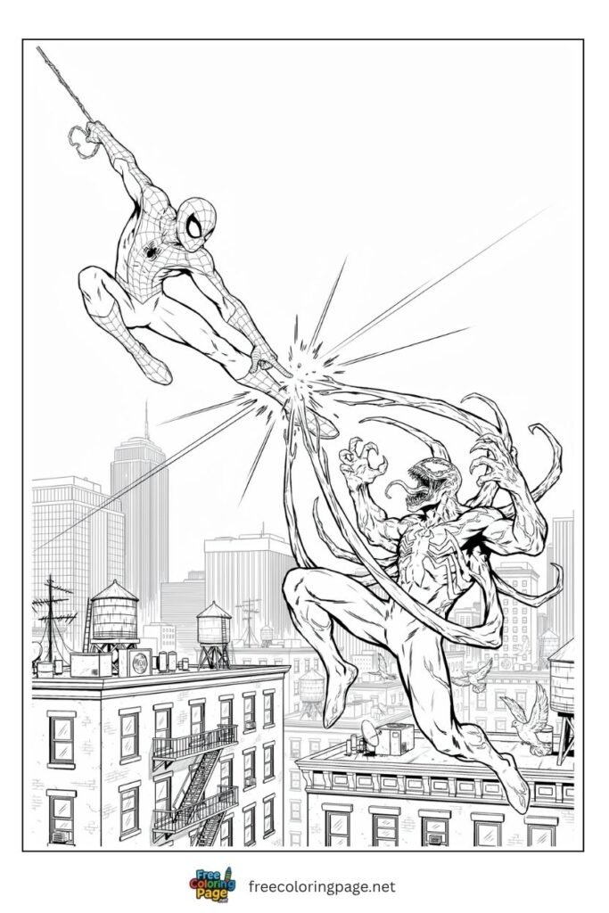 Carnage vs Spider-Man battle coloring page with web swing and symbiote tendrils clashing, free printable