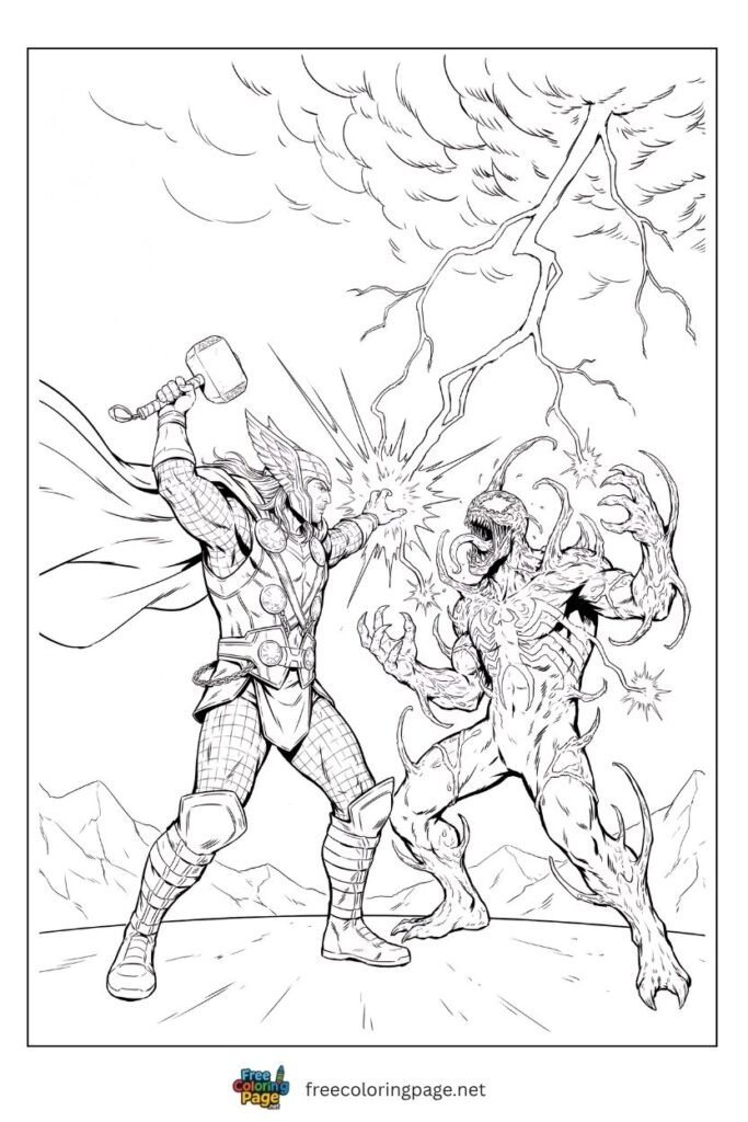 Carnage vs Thor lightning battle coloring page with Mjolnir strike arcing through symbiote tendrils, free printable
