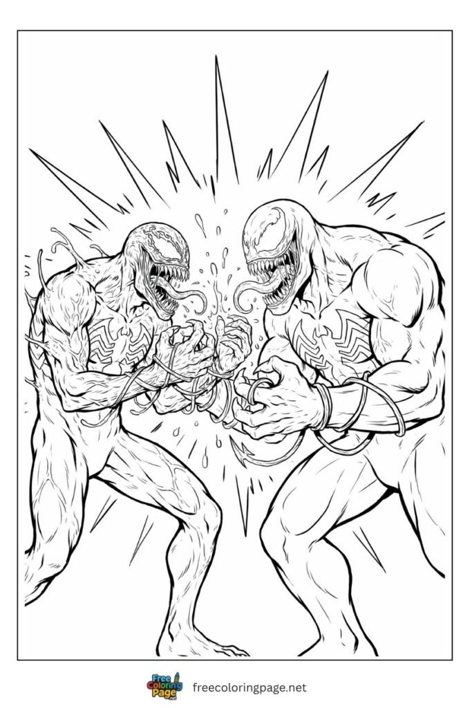 Carnage vs Venom symbiote clash coloring page with tendrils locked and teeth bared, free printable