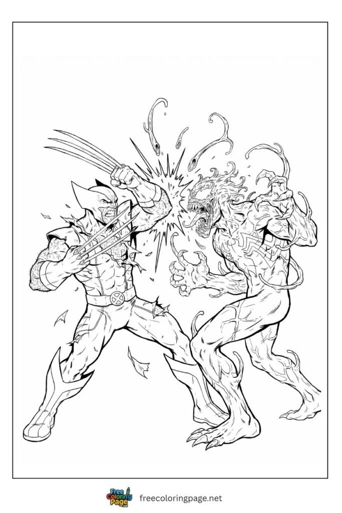 Carnage vs Wolverine coloring page with adamantium claws slashing symbiote tendrils in brutal close combat, free printable