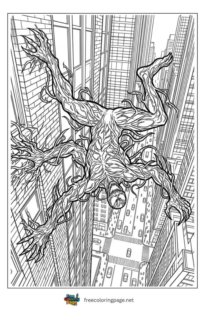 Carnage wall crawling coloring page scaling building with tendrils city street below, free printable