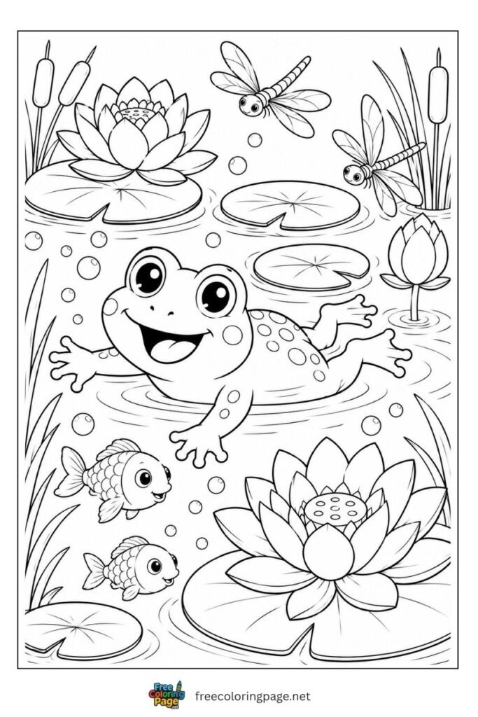 cartoon frog enjoying with fish in pond coloring page