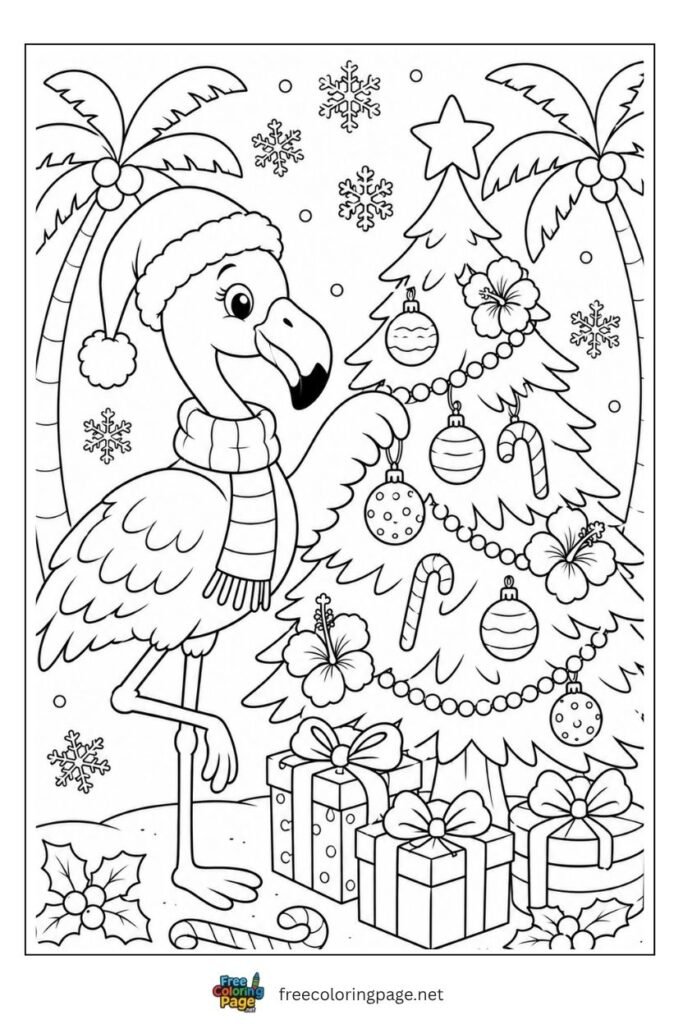 Flamingo christmas tree coloring page