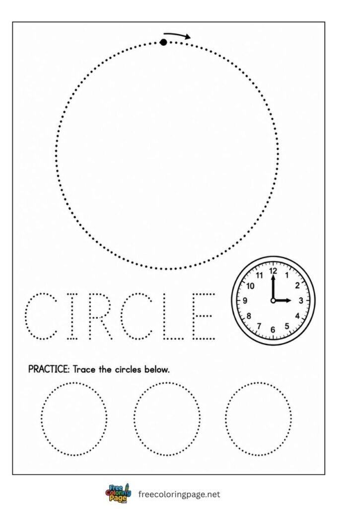 Circle tracing worksheet with dotted outline path and clock illustration, free printable
