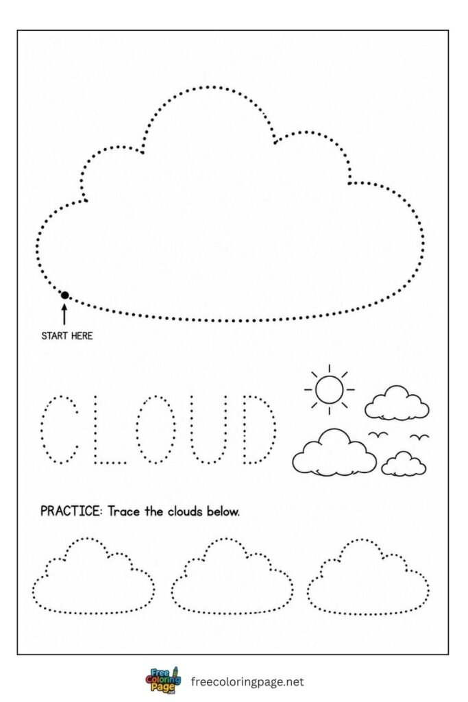 Cloud shape tracing worksheet with sky illustration, free printable