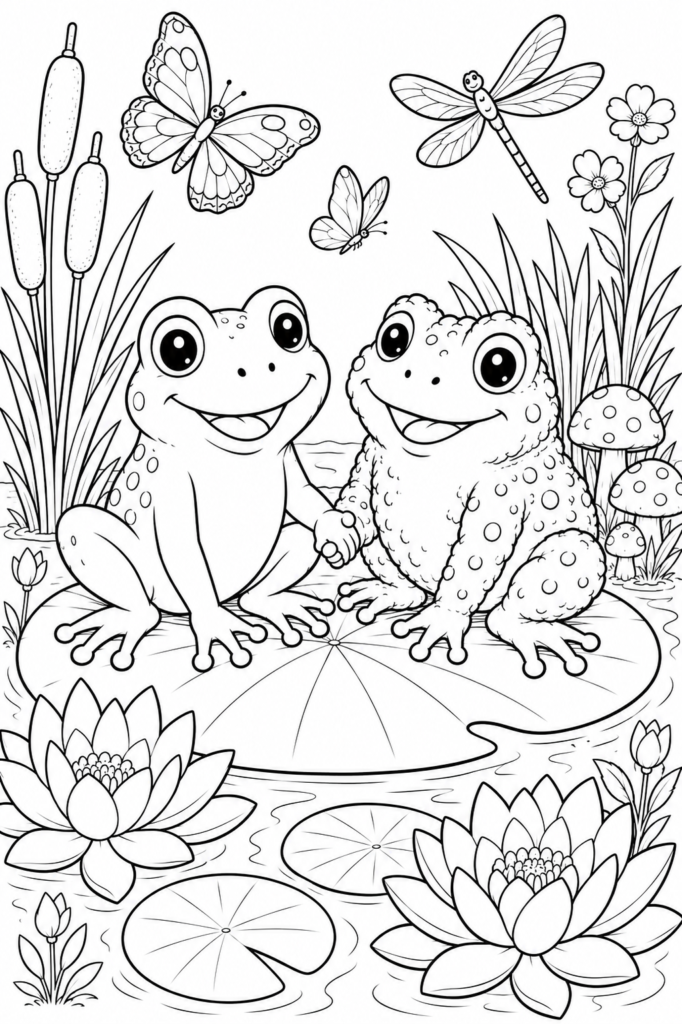 cute frog and toad together coloring page