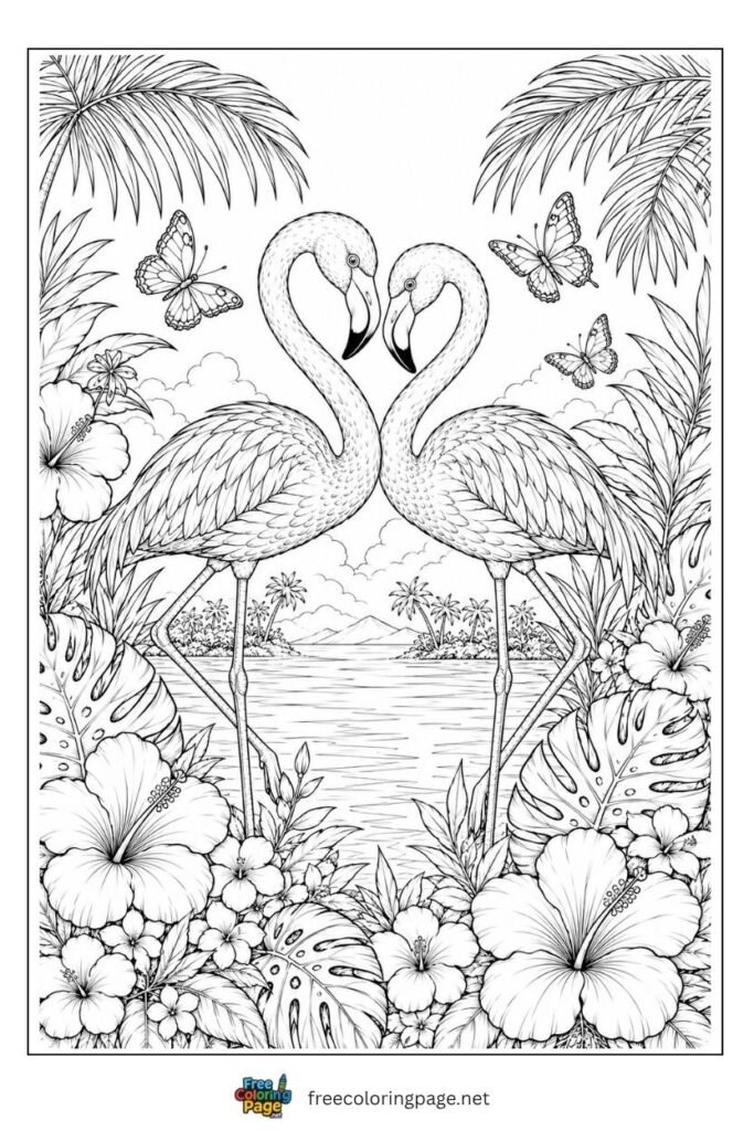 Flamingos together with necks making heart shape coloring page