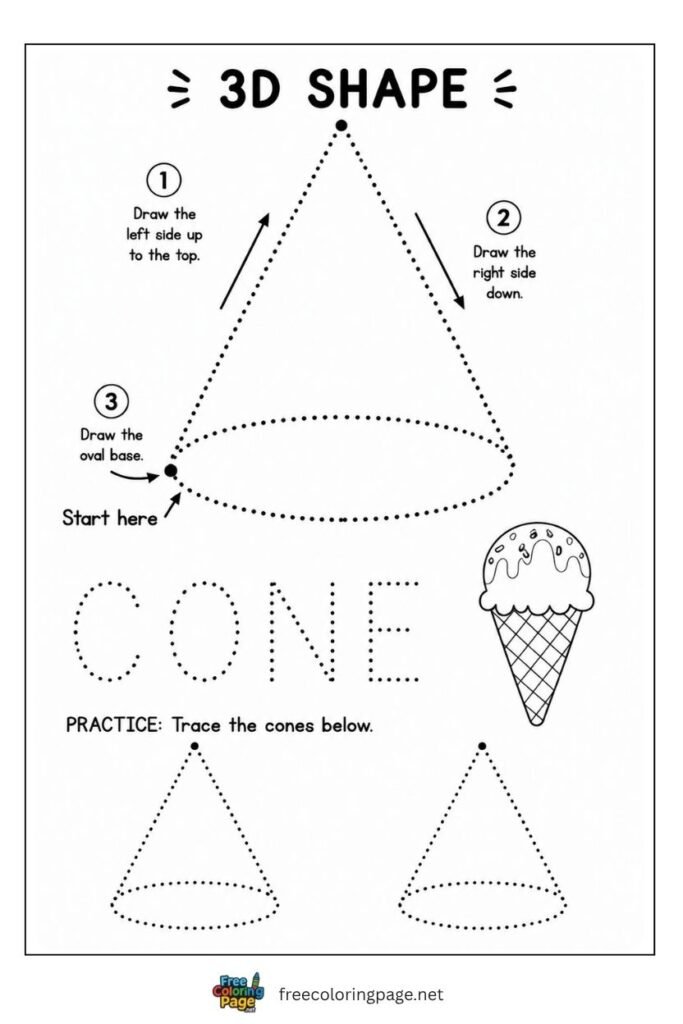 Cone 3D shape tracing worksheet with ice cream cone illustration, free printable