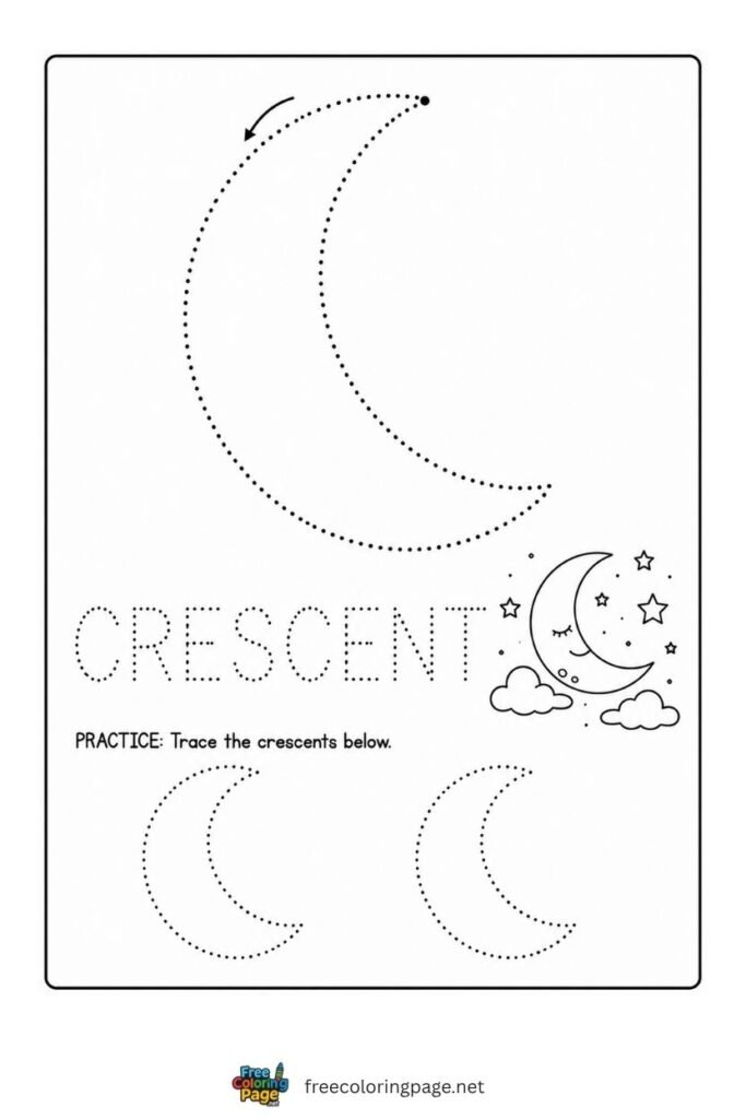 Crescent tracing worksheet with continuous dotted path and moon illustration, free printable