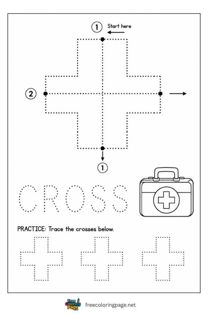 Cross plus shape tracing worksheet with first aid illustration, free printable
