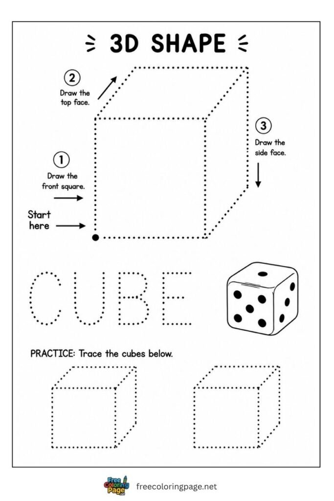 Cube 3D shape tracing worksheet with dice illustration, free printable