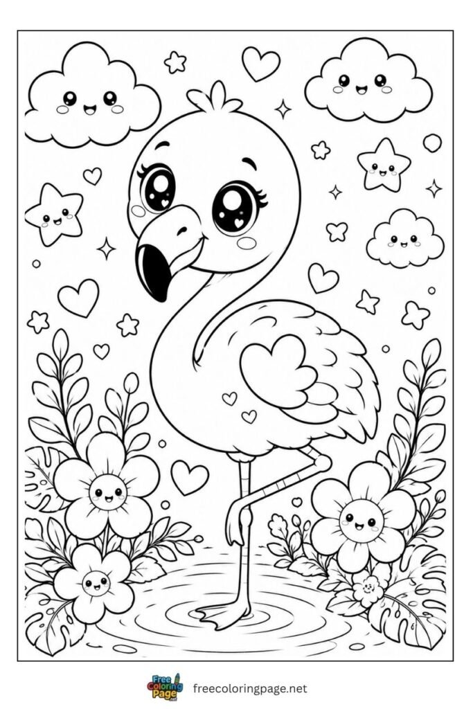 Cute baby flamingo with flowers coloring page