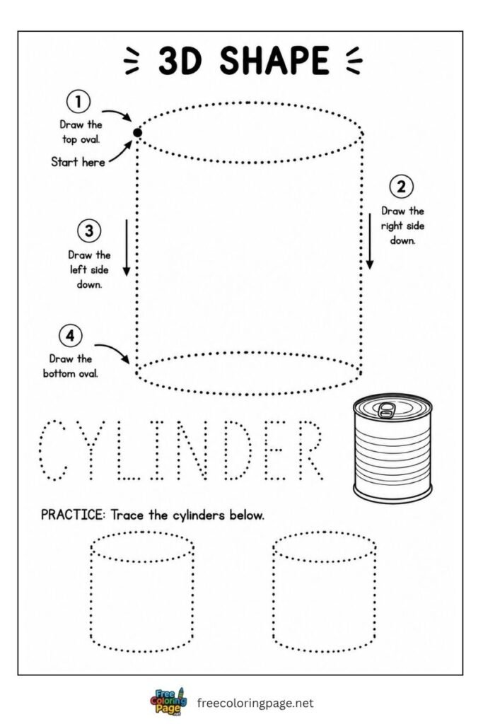 Cylinder 3D shape tracing worksheet with tin can illustration, free printable