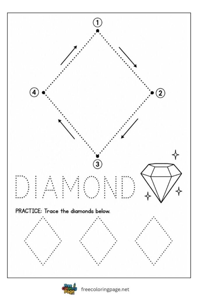 Diamond tracing worksheet with numbered corner arrows and gem illustration, free printable