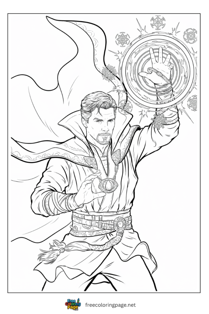 Doctor Strange opening sling ring portal coloring page with Cloak of Levitation and Eye of Agamotto, free printable