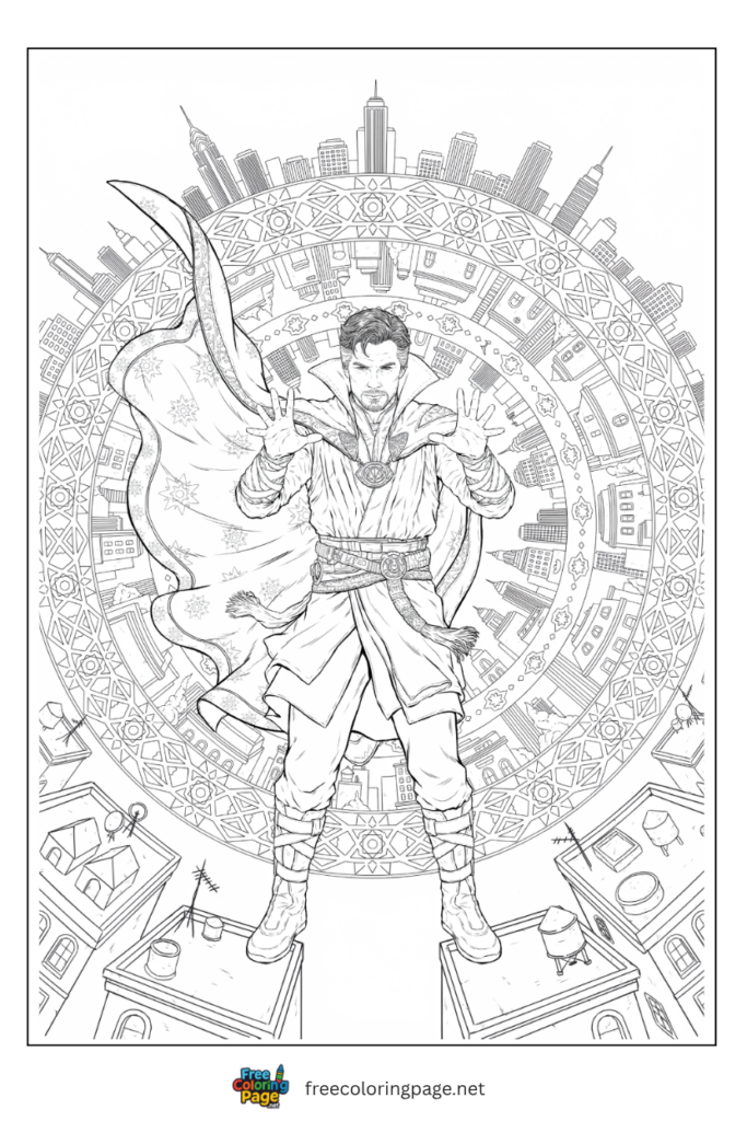 Doctor Strange mirror dimension coloring page with geometric city fractal folding and Cloak of Levitation, 
