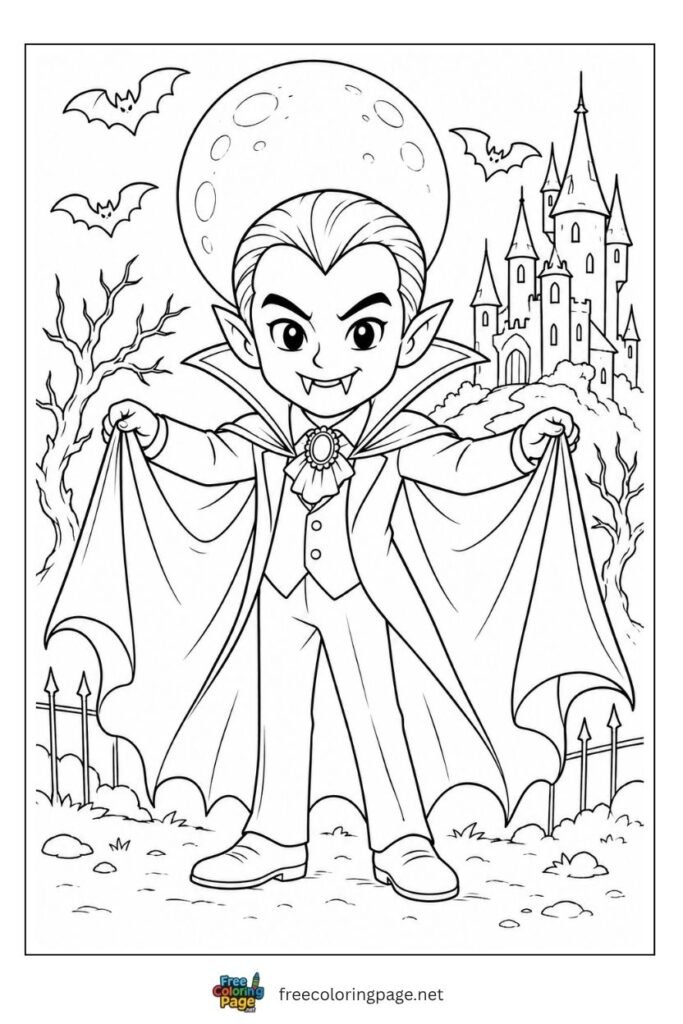 Dracula vampire Halloween coloring page with cape fangs widow's peak and full moon