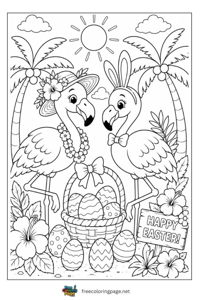 Flamingos easter coloring page