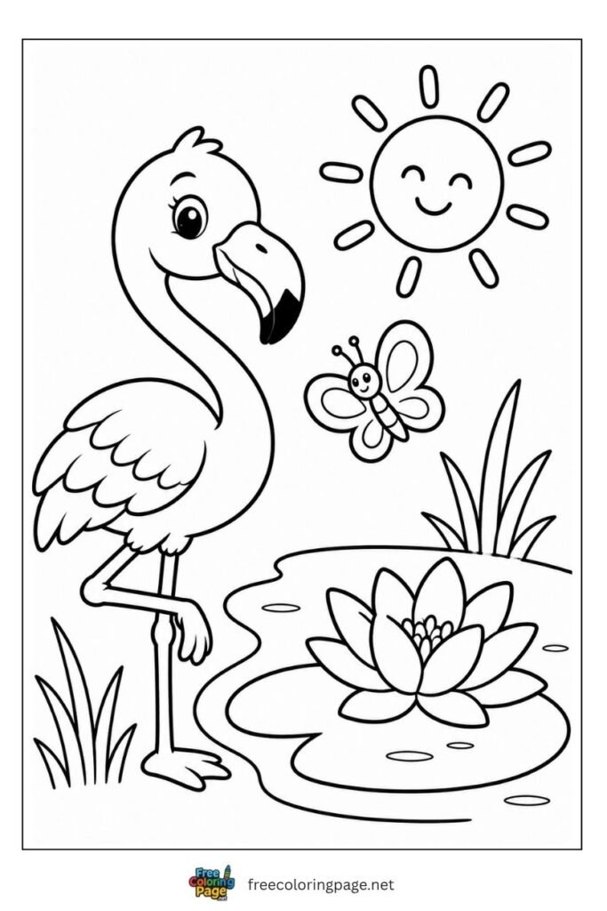 Cartoon flamingo with lotus and sun coloring page