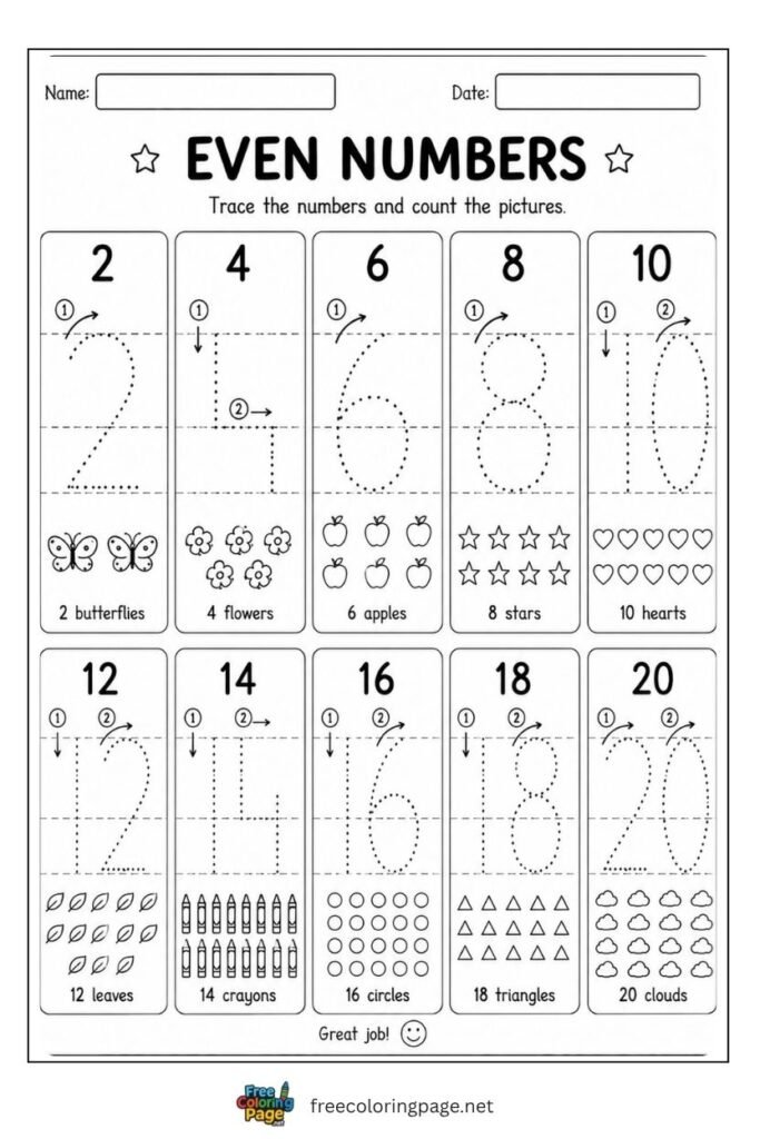 Even numbers tracing worksheet 2 to 20 with dotted stroke paths, free printable