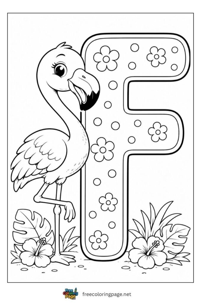 F is for flamingo coloring page