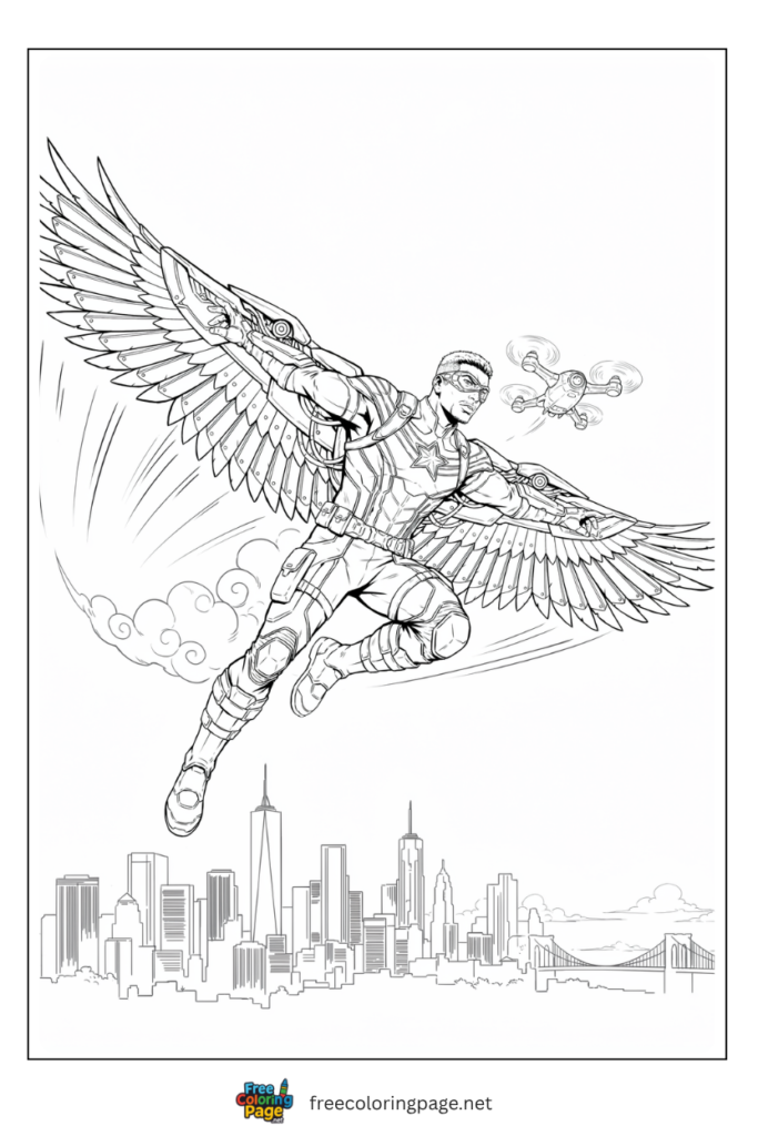 Falcon soaring coloring page with EXO-7 mechanical wings spread Redwing drone and tactical suit, free printable