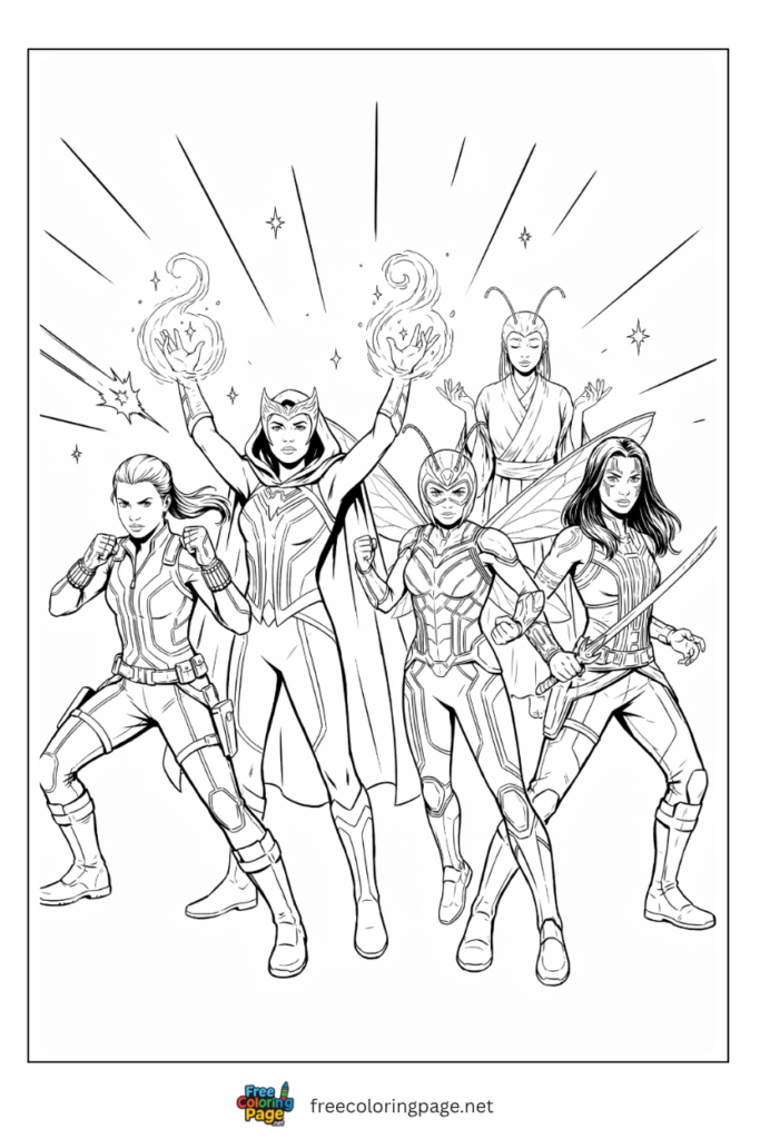 Female Avengers assembled coloring page with Black Widow Scarlet Witch Wasp and Gamora, free printable
