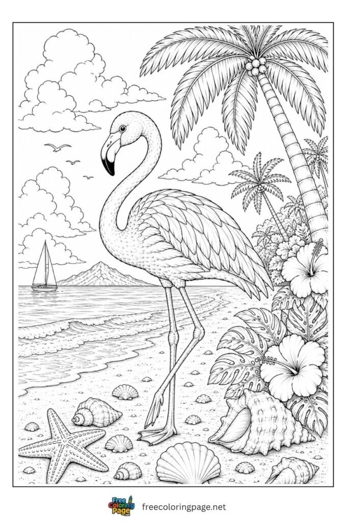 Calm flamingo standing near palm tree coloring page