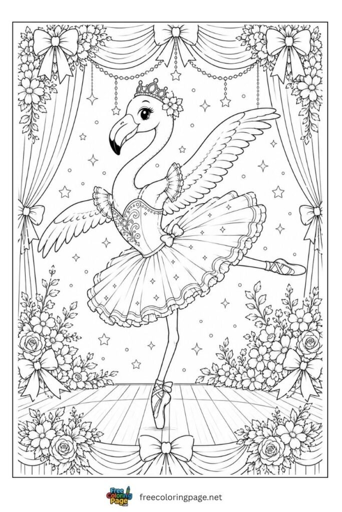 Flamingo wearing ballerina and dancing coloring page